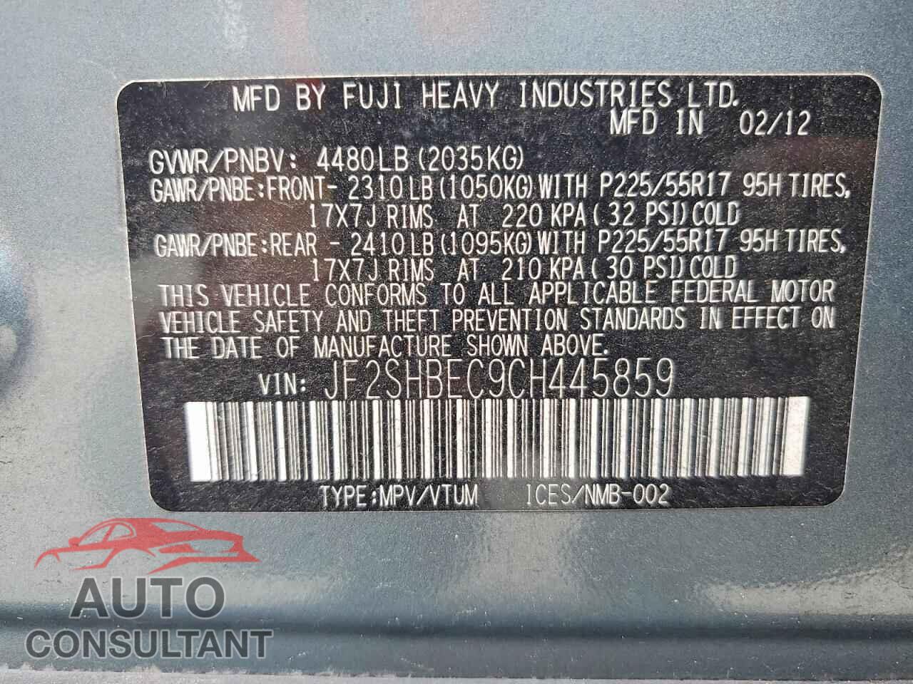 SUBARU FORESTER 2012 - JF2SHBEC9CH445859
