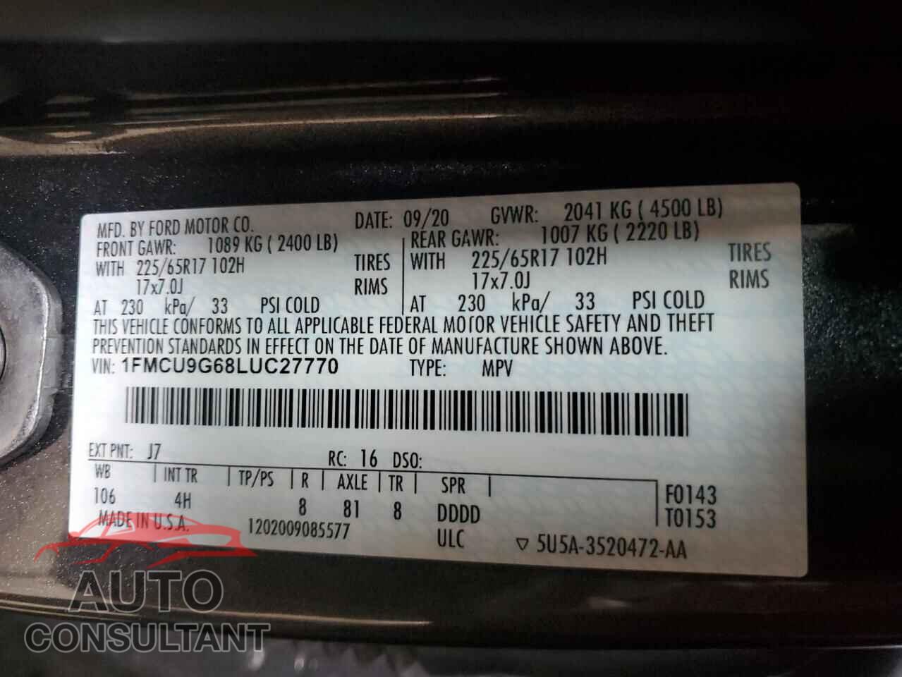 FORD ESCAPE 2020 - 1FMCU9G68LUC27770