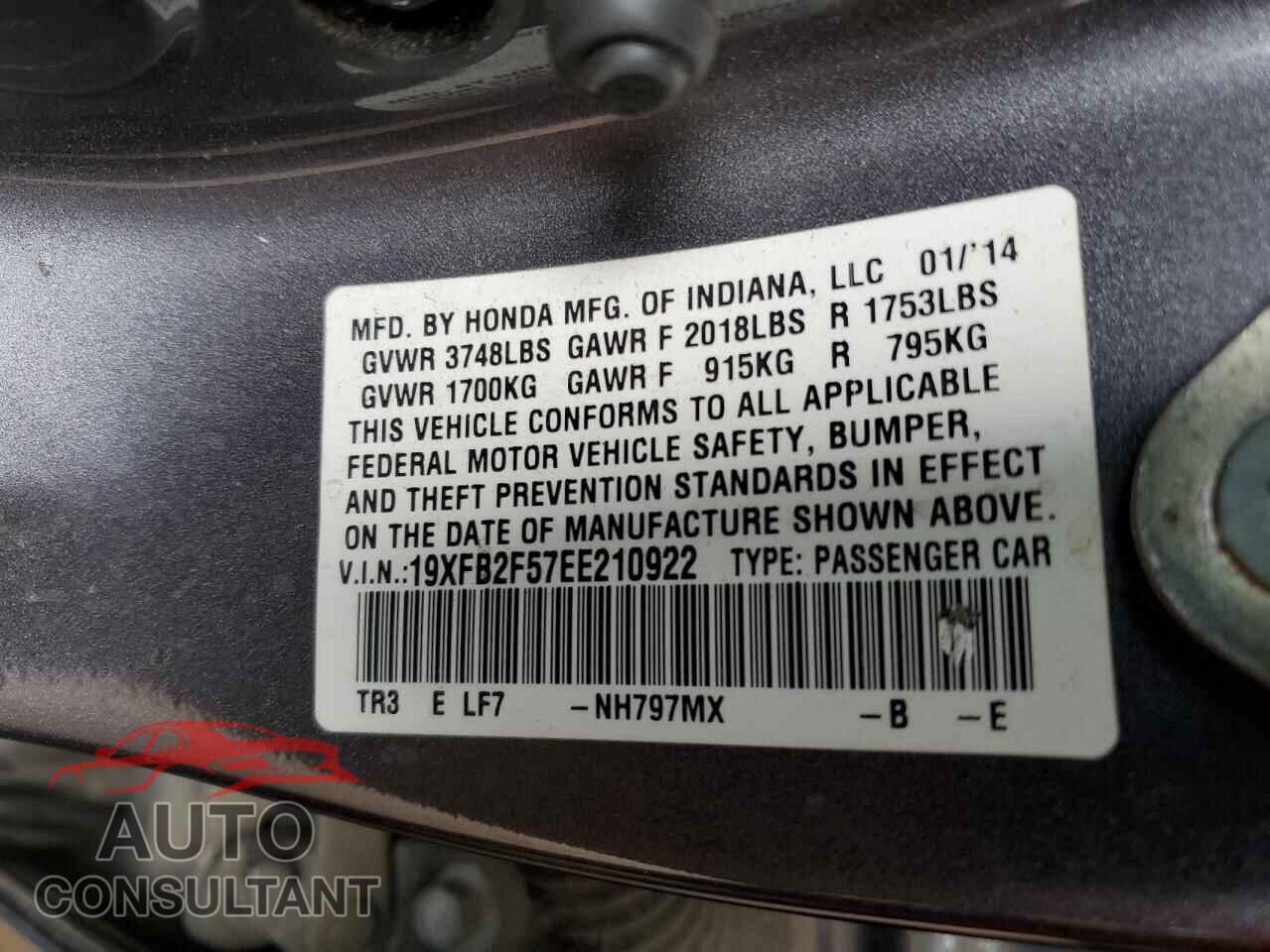 HONDA CIVIC 2014 - 19XFB2F57EE210922