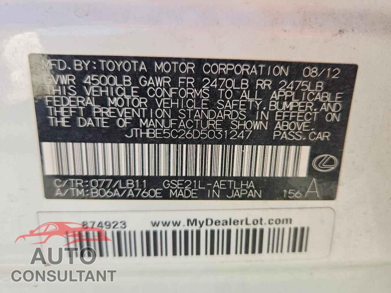 LEXUS IS 2013 - JTHBE5C26D5031247