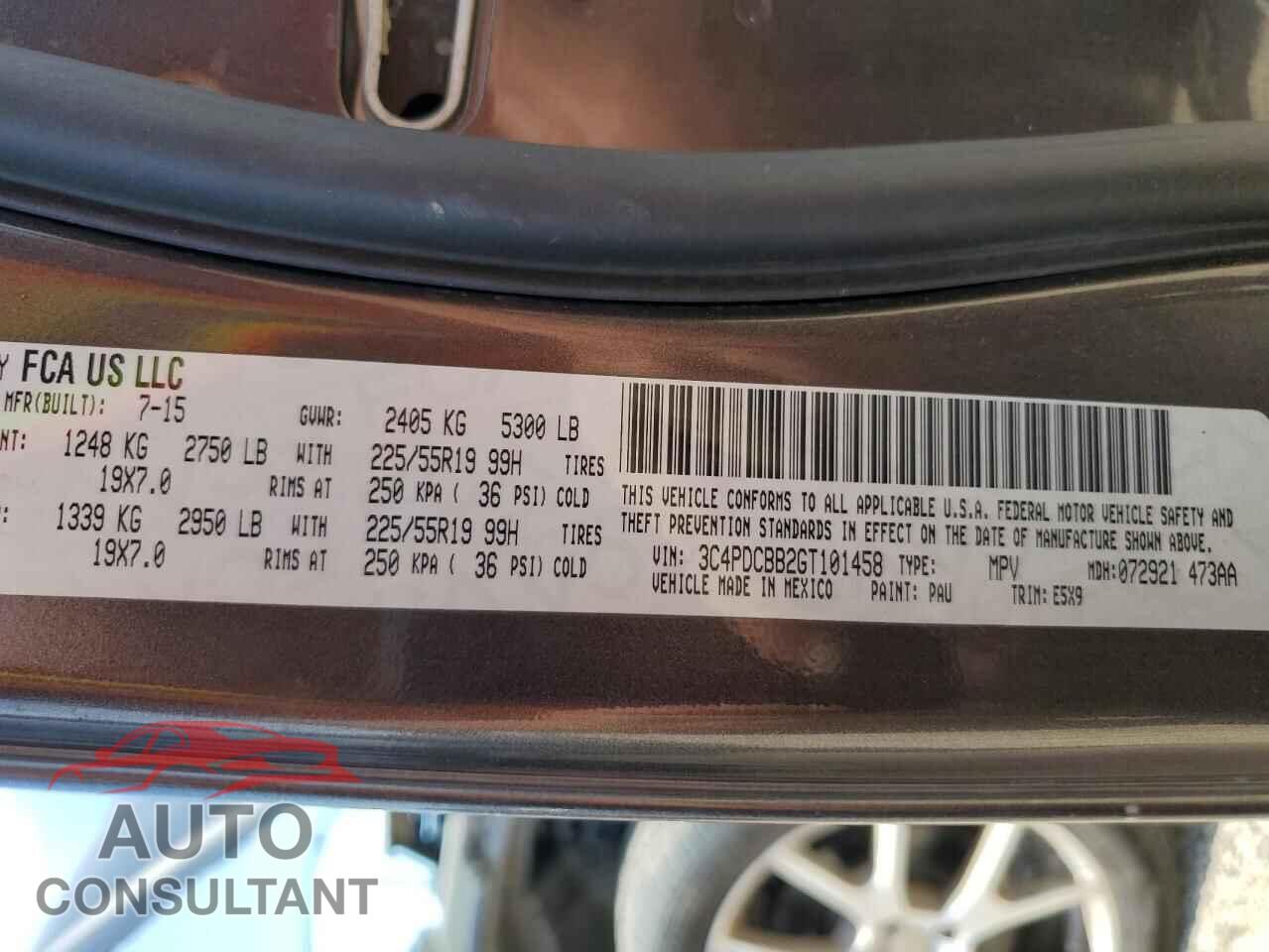 DODGE JOURNEY 2016 - 3C4PDCBB2GT101458