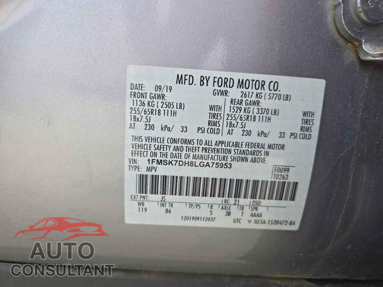 FORD EXPLORER 2020 - 1FMSK7DH8LGA75953