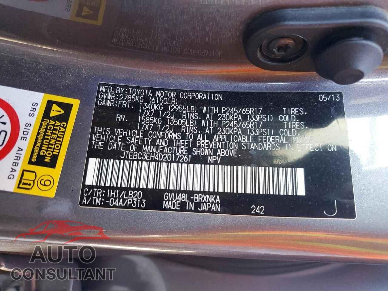 TOYOTA HIGHLANDER 2013 - JTEBC3EH4D2017261