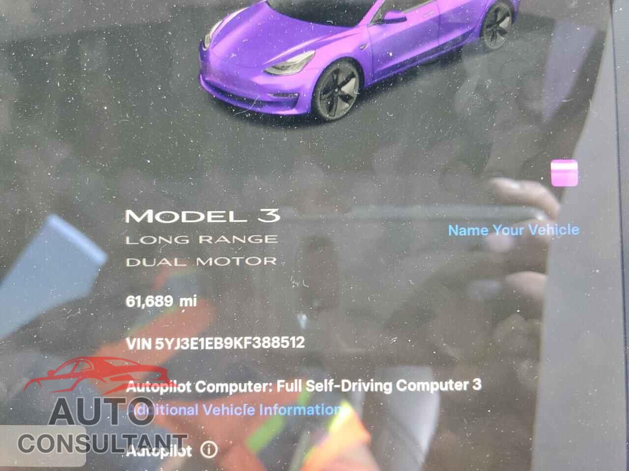 TESLA MODEL 3 2019 - 5YJ3E1EB9KF388512