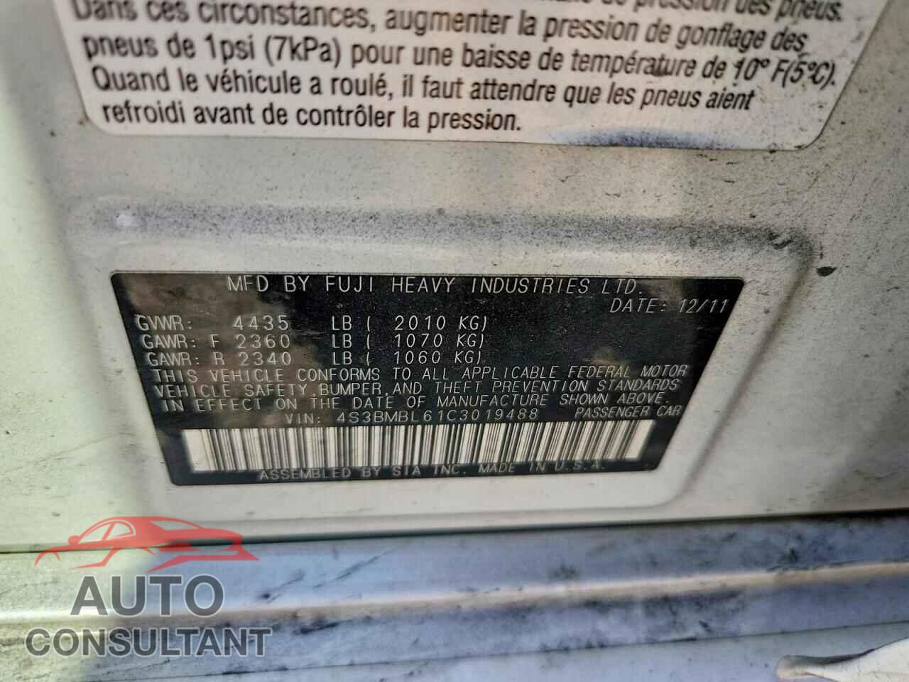 SUBARU LEGACY 2012 - 4S3BMBL61C3019488
