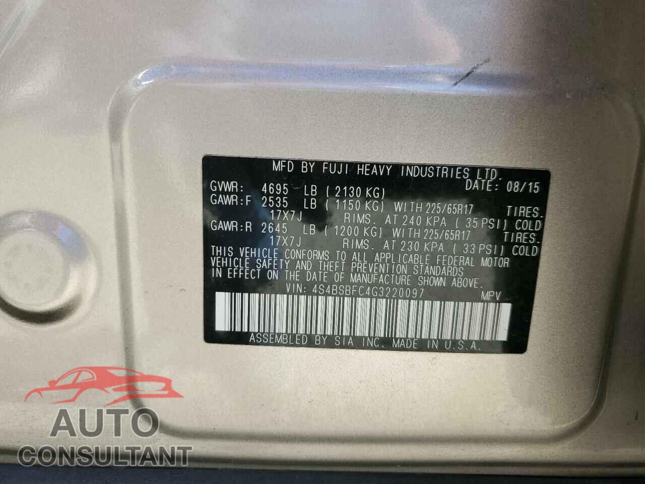 SUBARU OUTBACK 2016 - 4S4BSBFC4G3220097