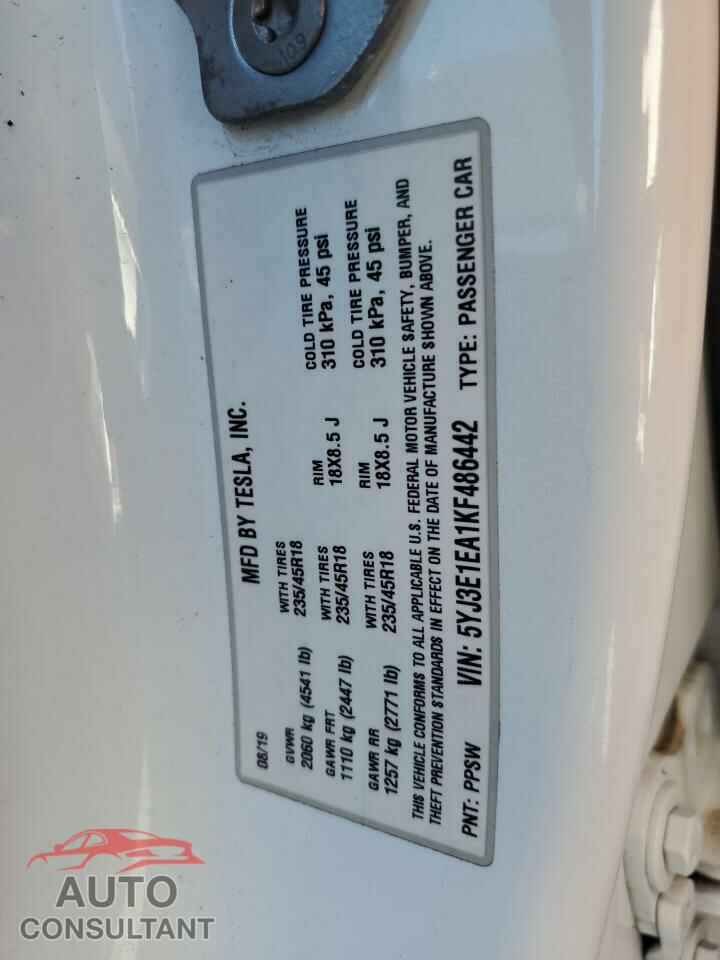 TESLA MODEL 3 2019 - 5YJ3E1EA1KF486442