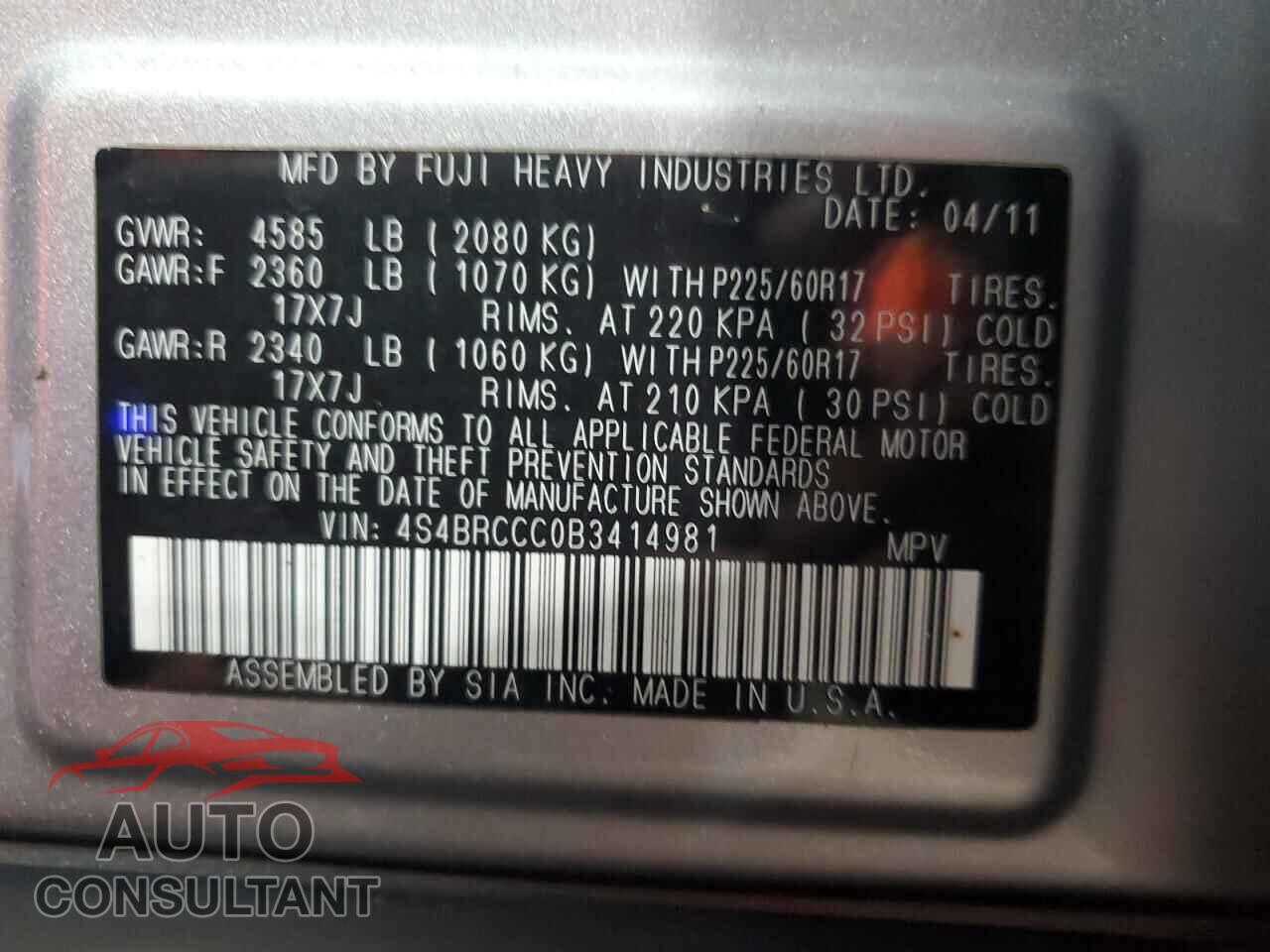 SUBARU OUTBACK 2011 - 4S4BRCCC0B3414981