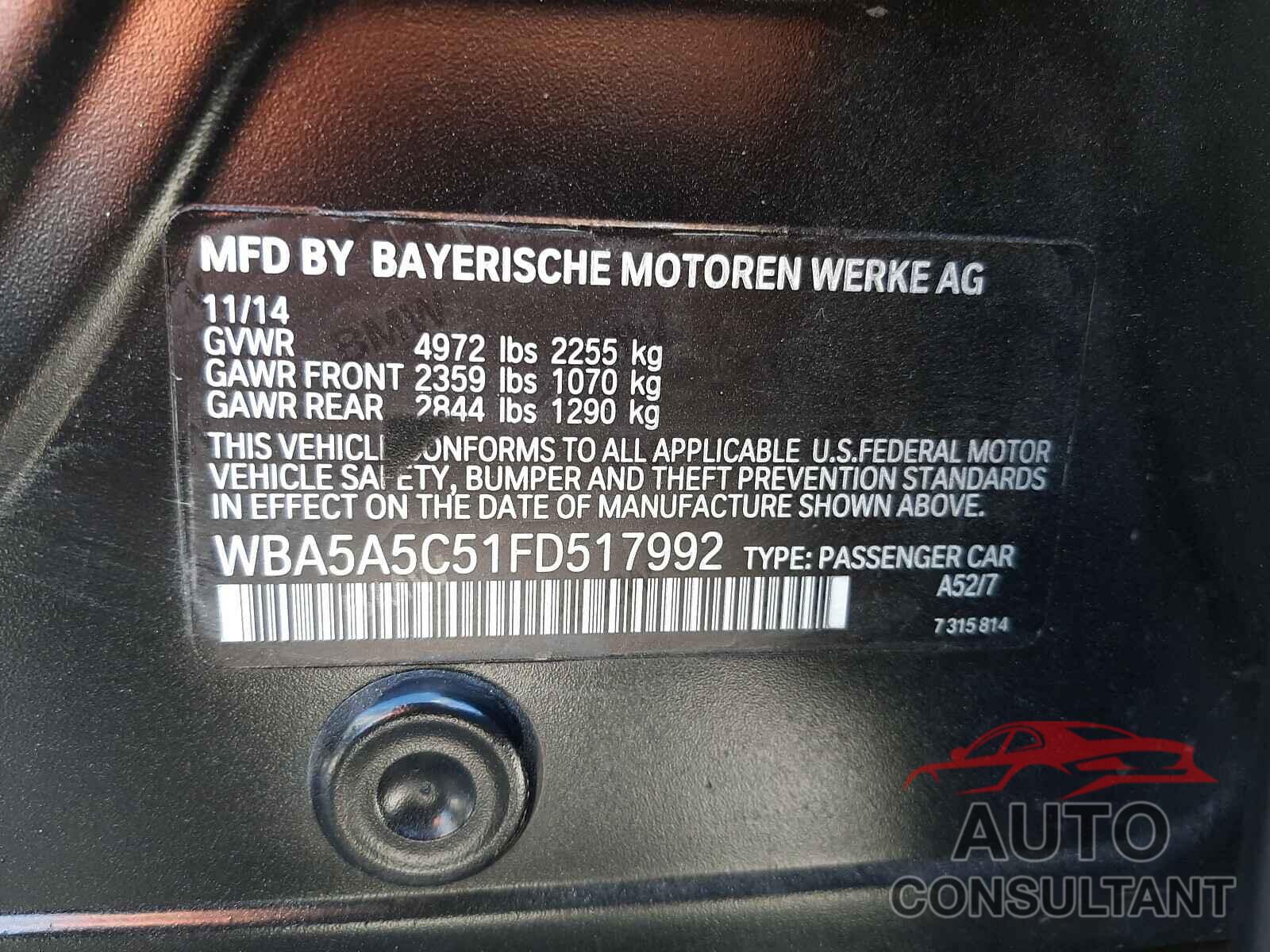 BMW 5 SERIES 2015 - WBA5A5C51FD517992