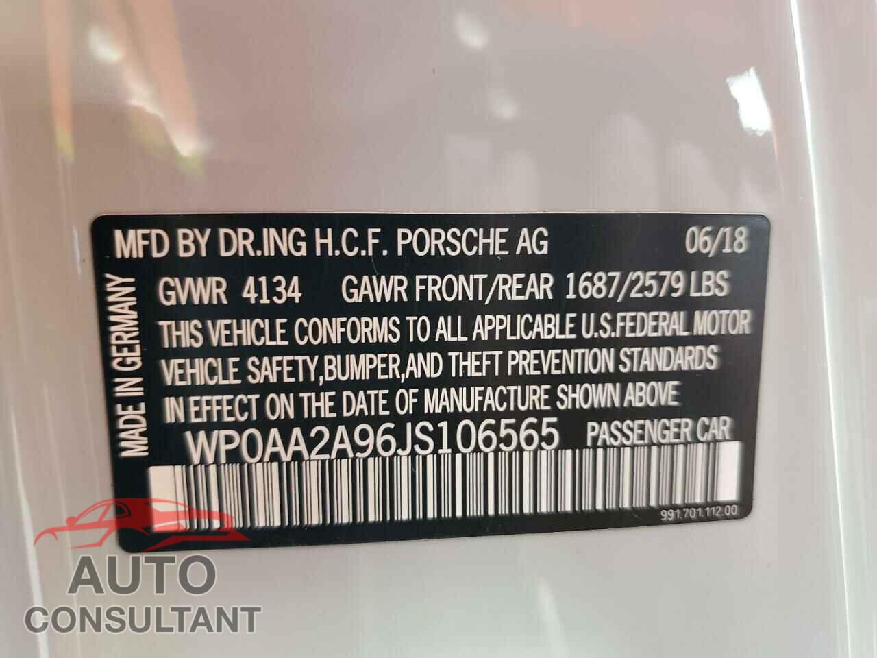 PORSCHE 911 2018 - WP0AA2A96JS106565