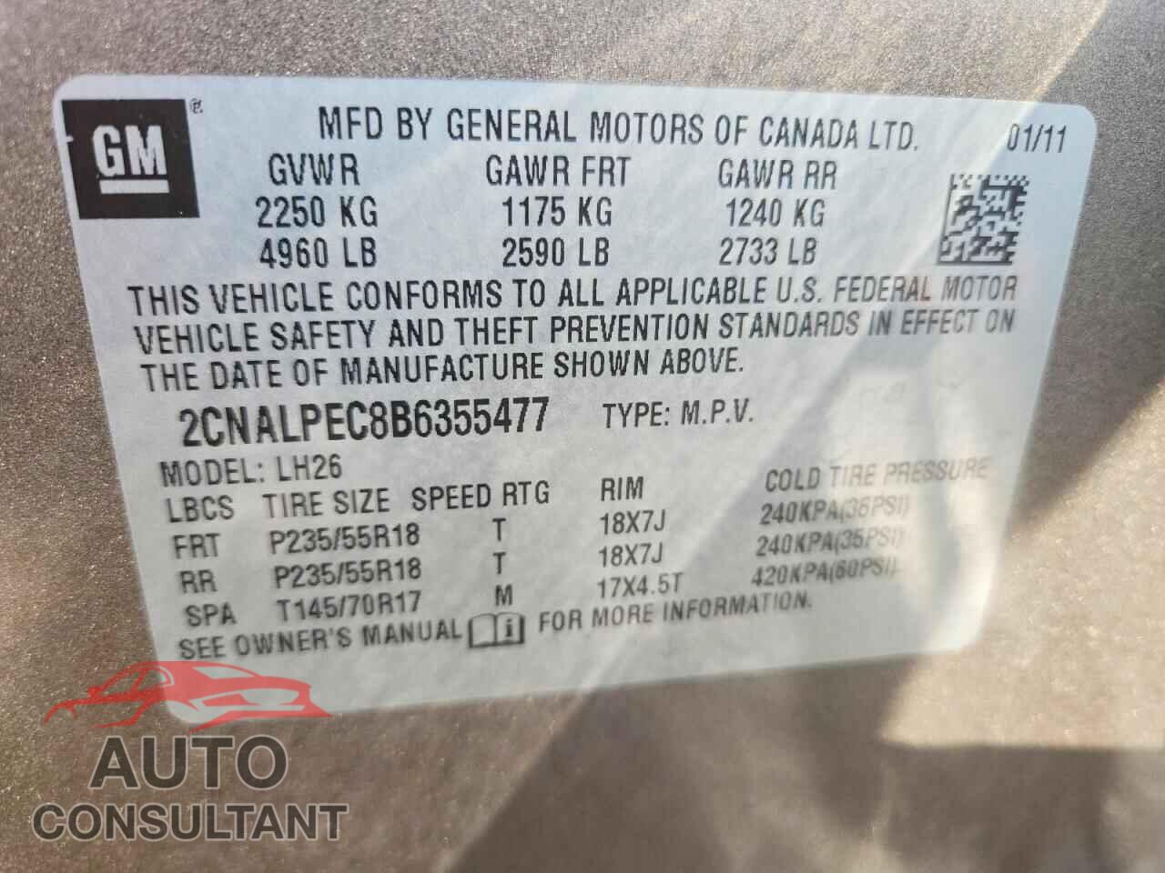 CHEVROLET EQUINOX 2011 - 2CNALPEC8B6355477