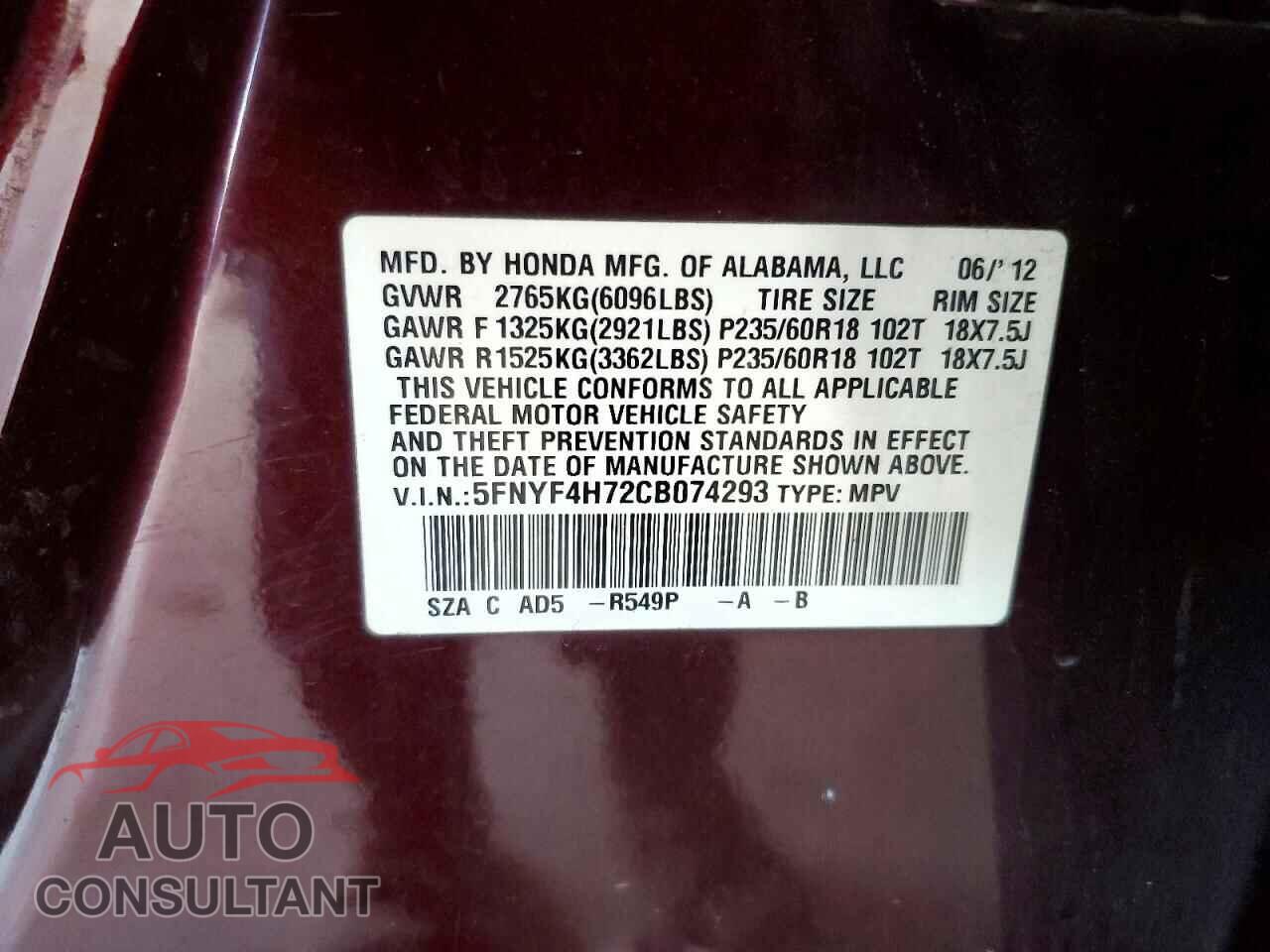 HONDA PILOT 2012 - 5FNYF4H72CB074293