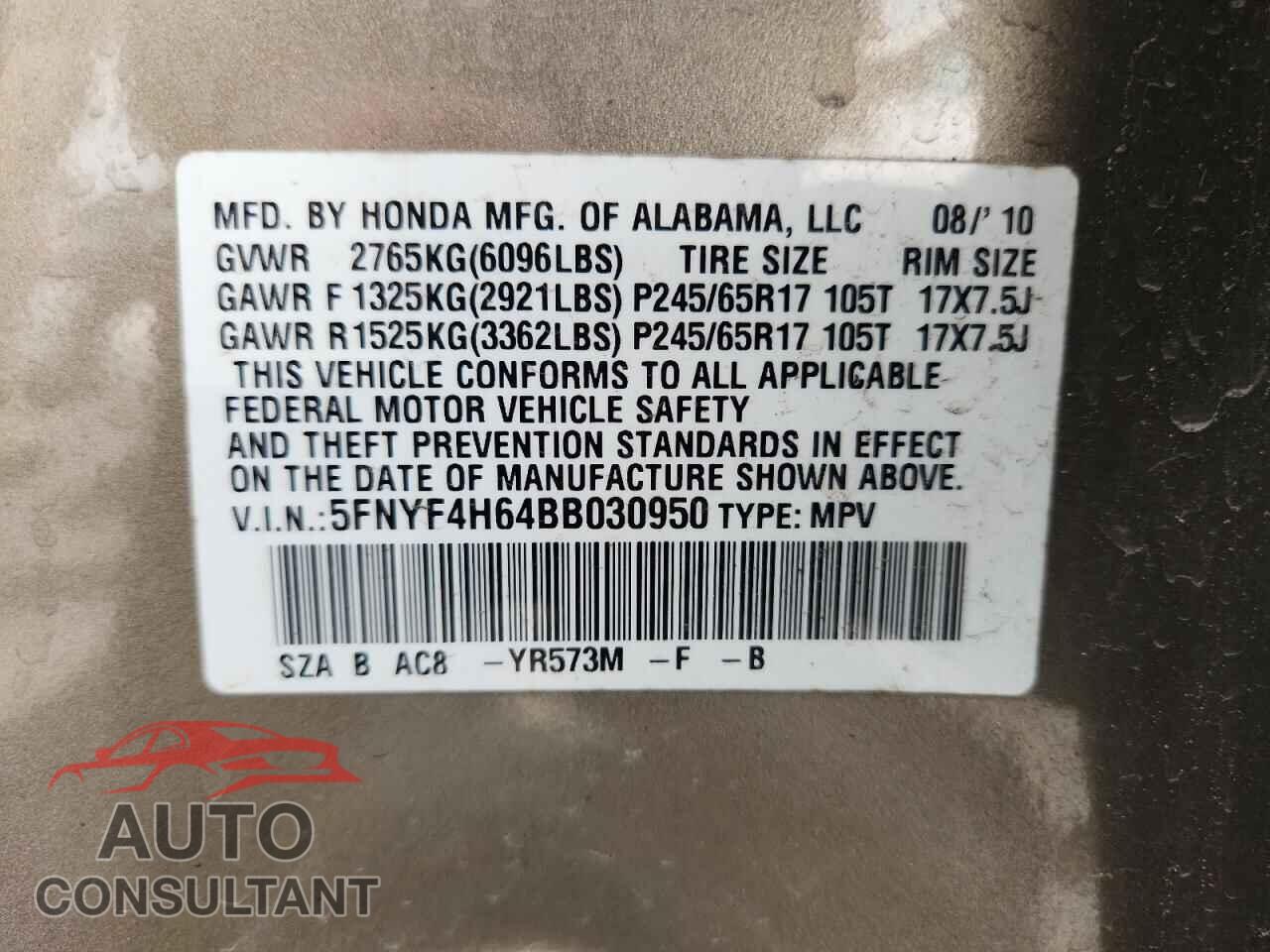 HONDA PILOT 2011 - 5FNYF4H64BB030950
