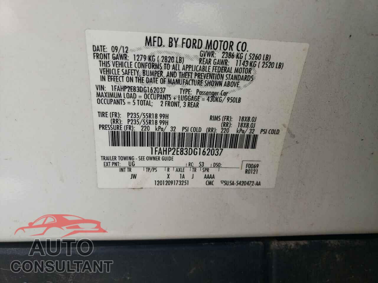 FORD TAURUS 2013 - 1FAHP2E83DG162037