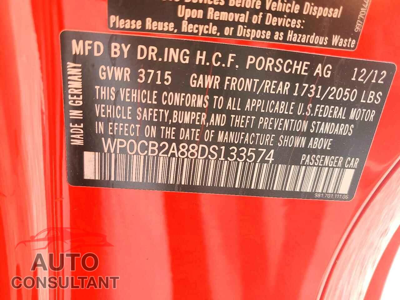 PORSCHE BOXSTER 2013 - WP0CB2A88DS133574