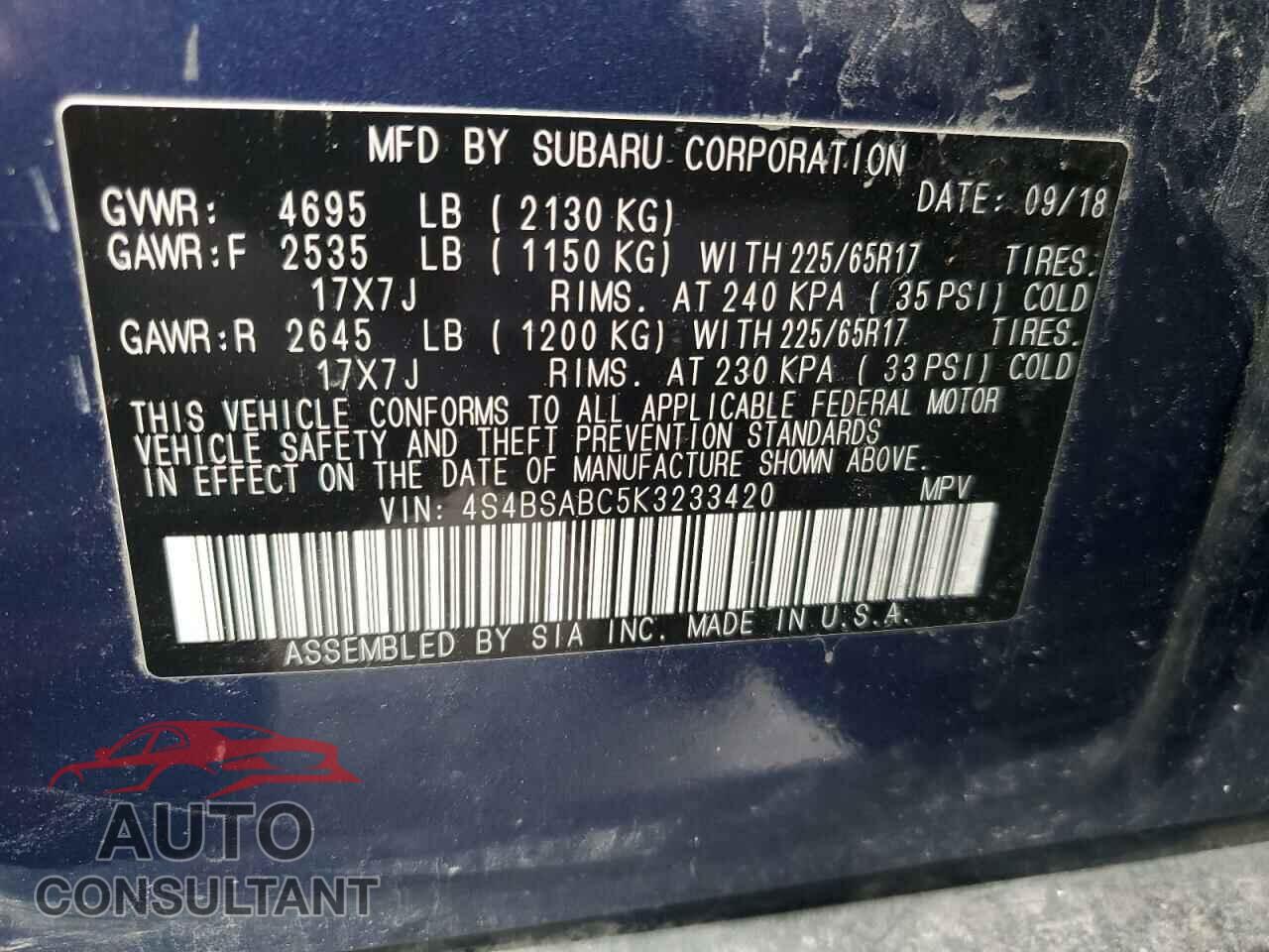 SUBARU OUTBACK 2019 - 4S4BSABC5K3233420