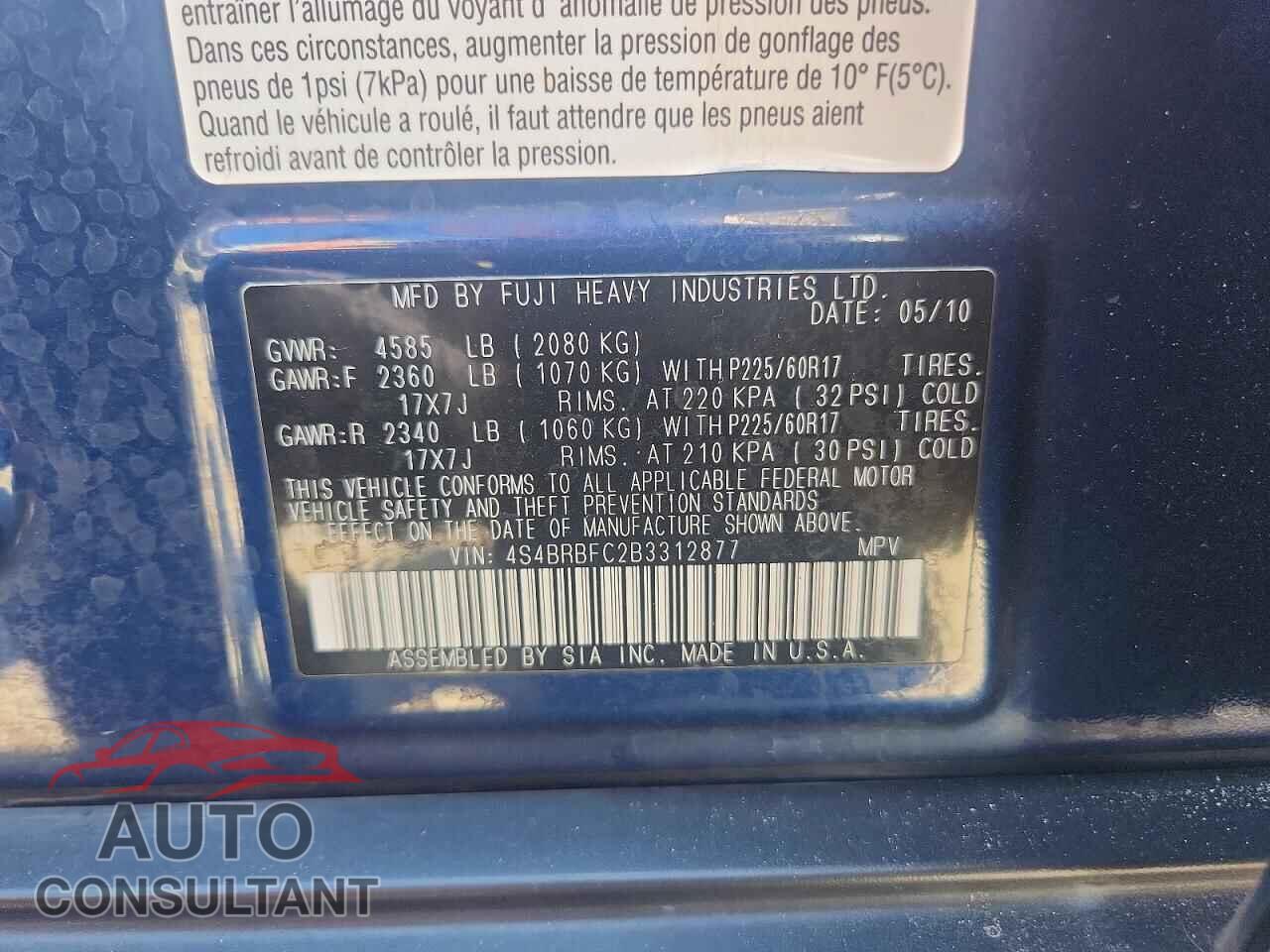 SUBARU OUTBACK 2011 - 4S4BRBFC2B3312877