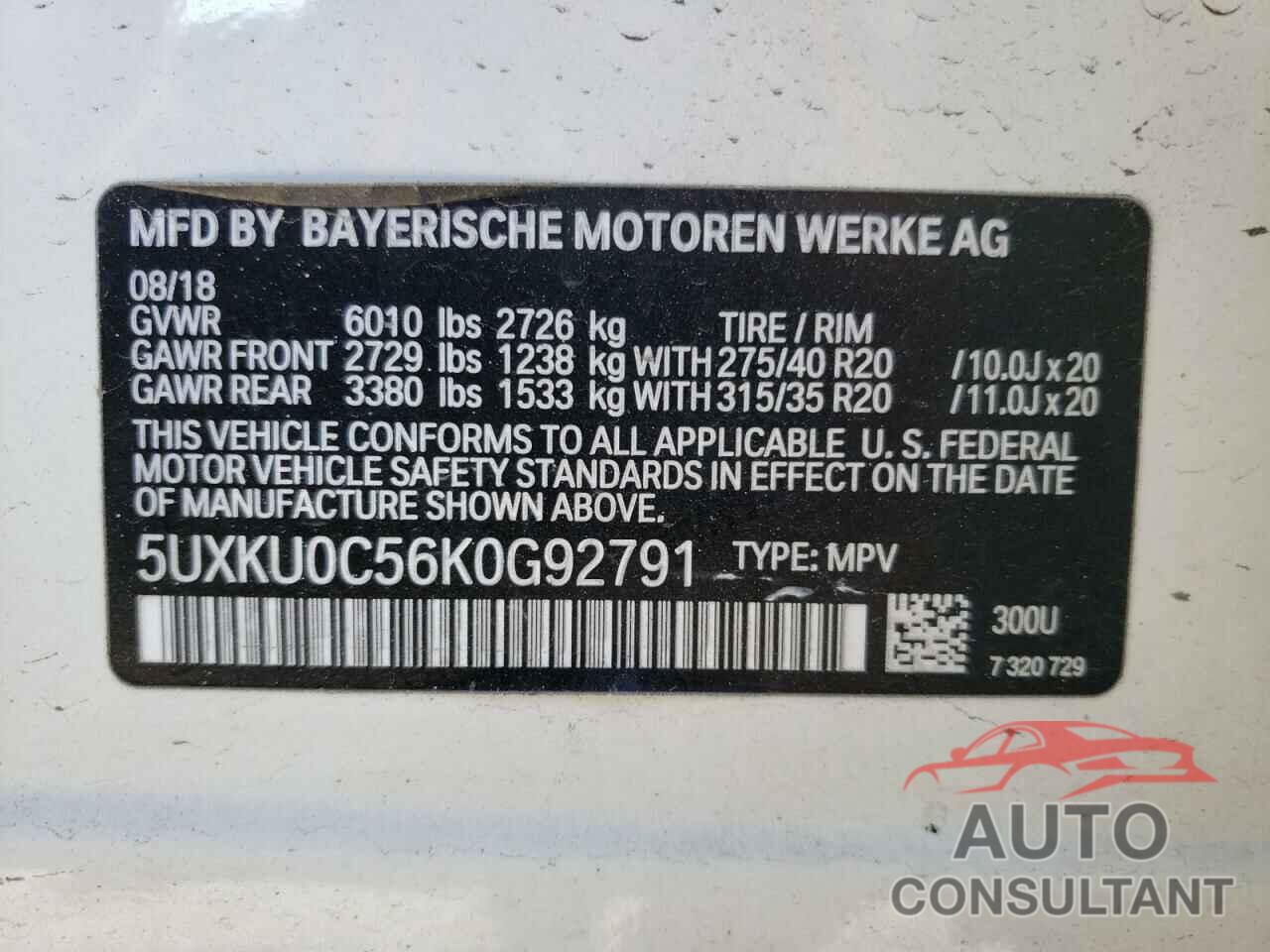 BMW X6 2019 - 5UXKU0C56K0G92791