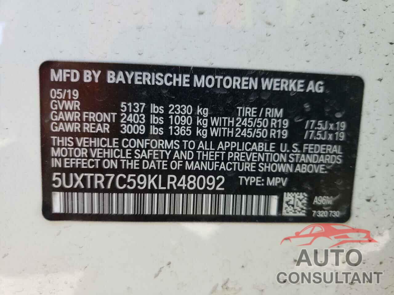 BMW X3 2019 - 5UXTR7C59KLR48092