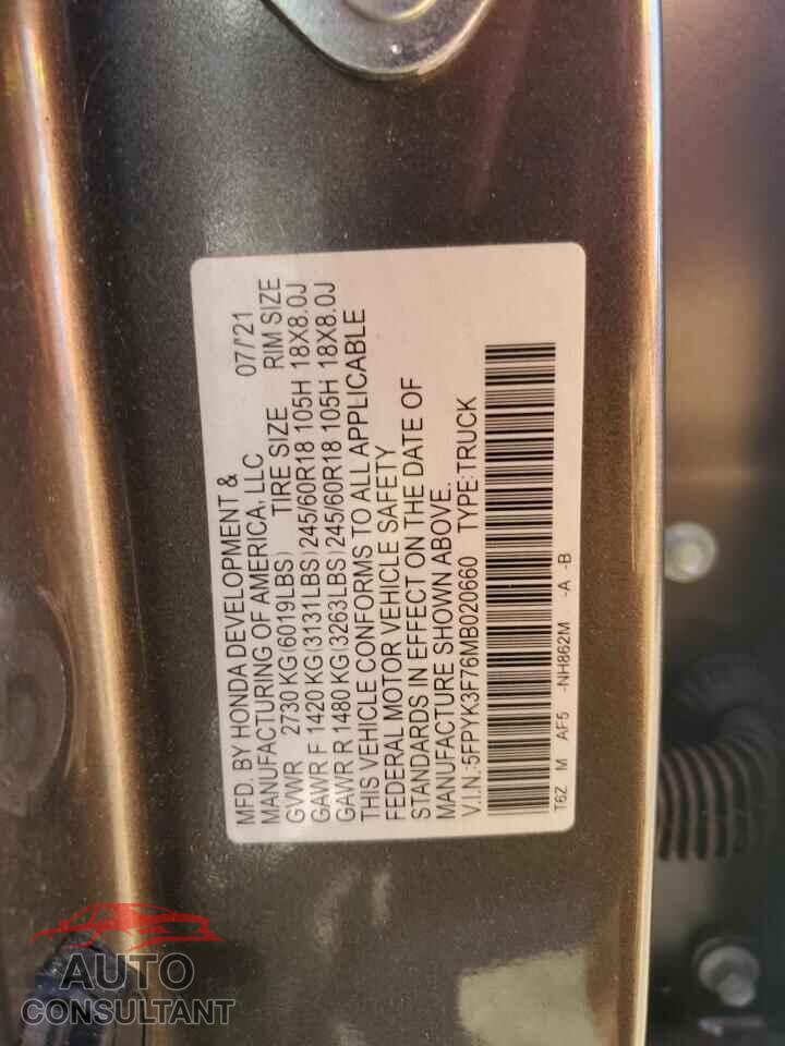 HONDA RIDGELINE 2021 - 5FPYK3F76MB020660
