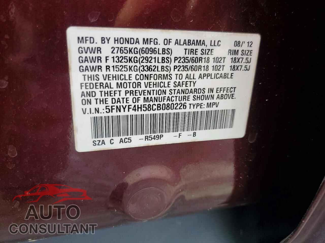 HONDA PILOT 2012 - 5FNYF4H58CB080226