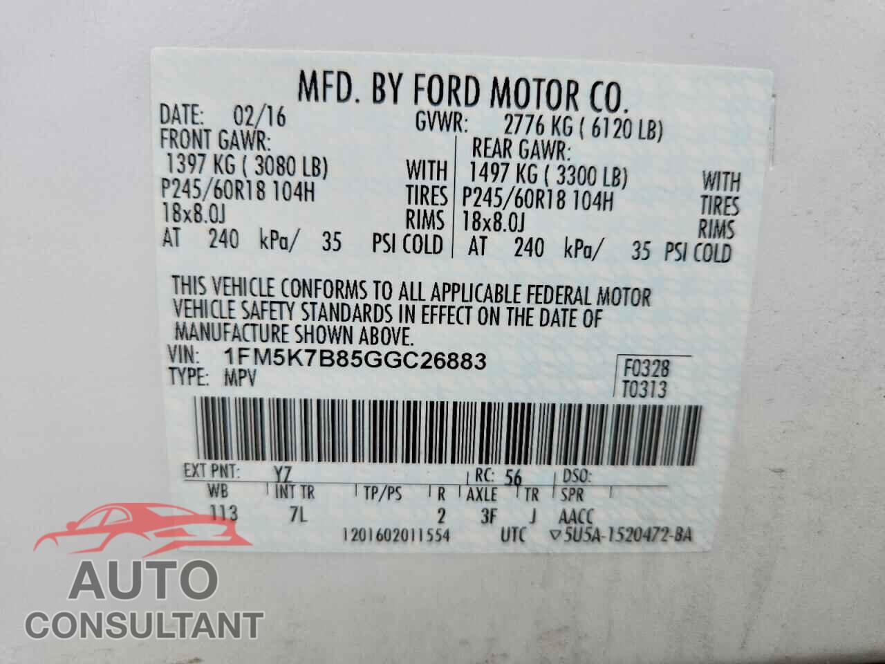 FORD EXPLORER 2016 - 1FM5K7B85GGC26883