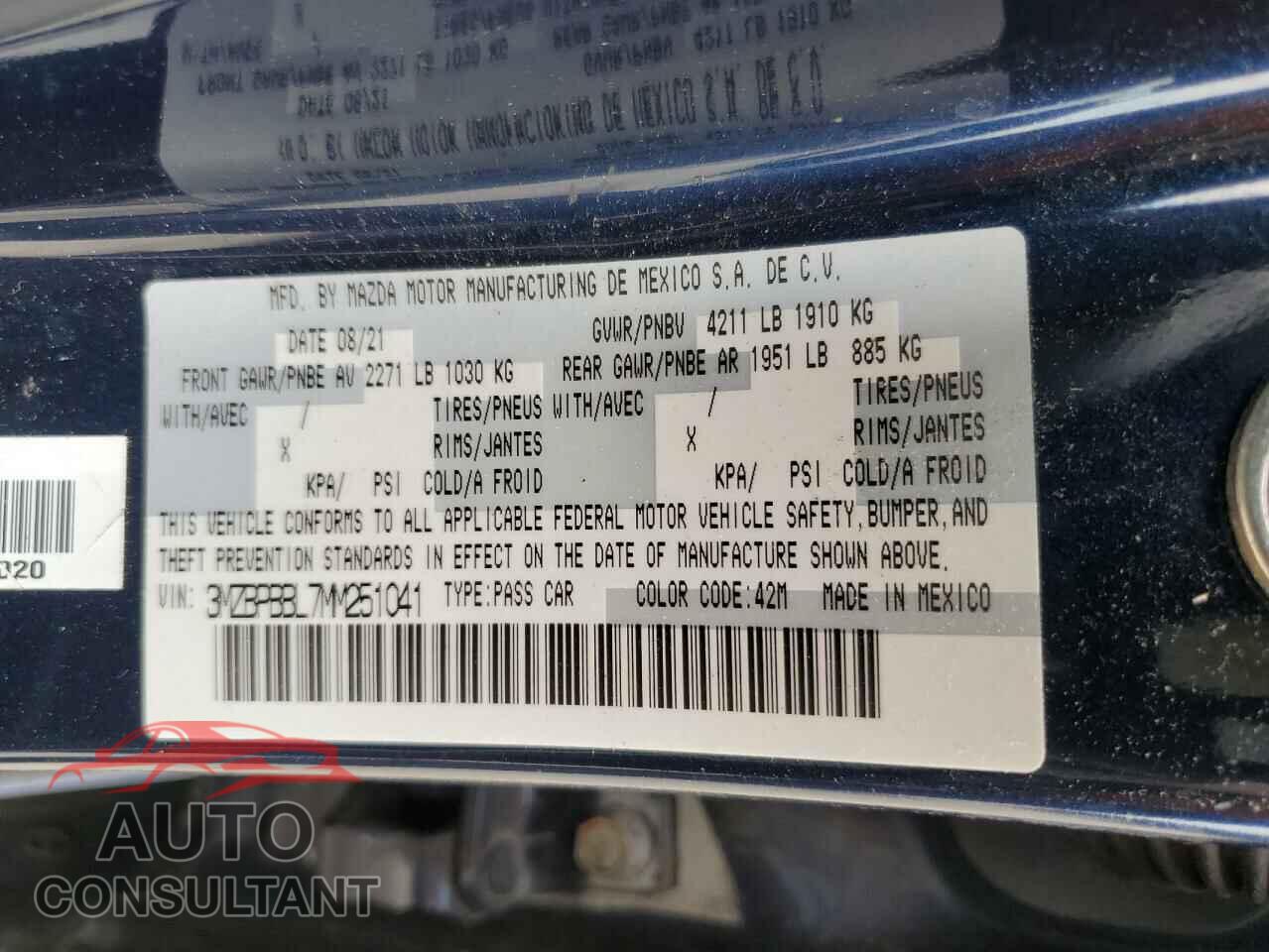 MAZDA 3 2021 - 3MZBPBBL7MM251041