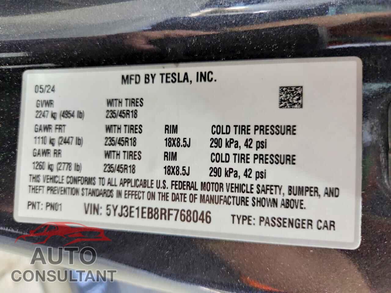 TESLA MODEL 3 2024 - 5YJ3E1EB8RF768046