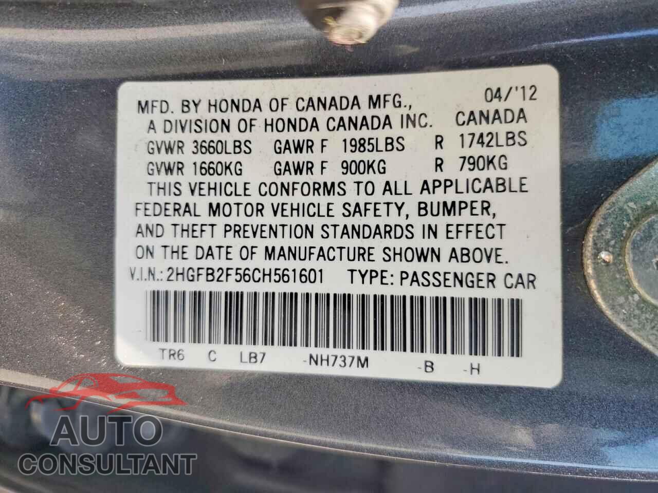 HONDA CIVIC 2012 - 2HGFB2F56CH561601