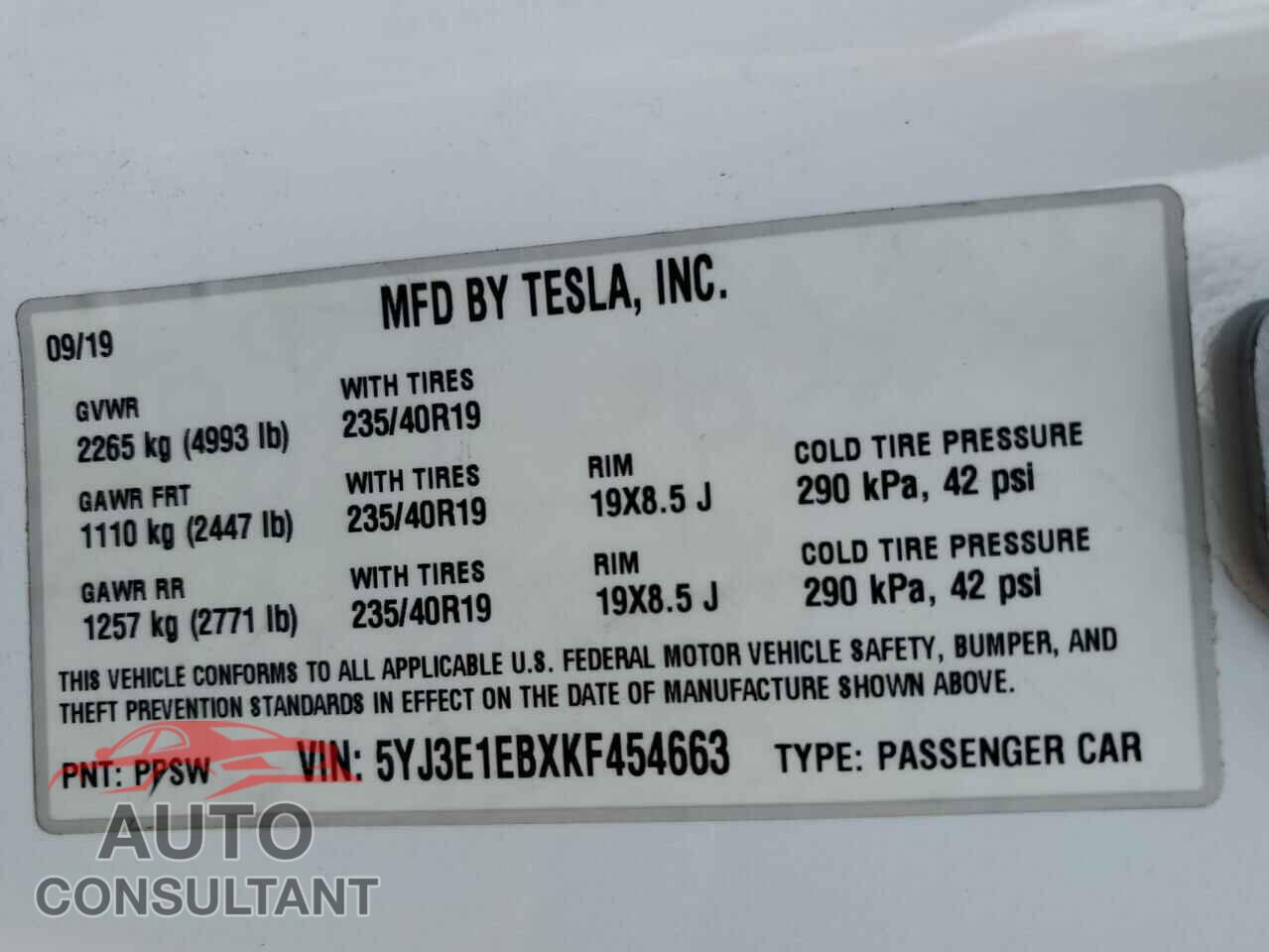 TESLA MODEL 3 2019 - 5YJ3E1EBXKF454663