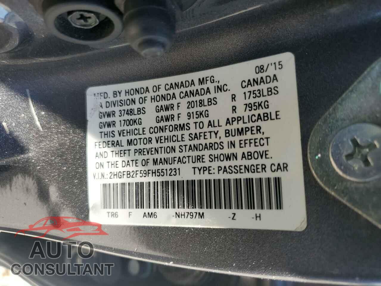 HONDA CIVIC 2015 - 2HGFB2F59FH551231