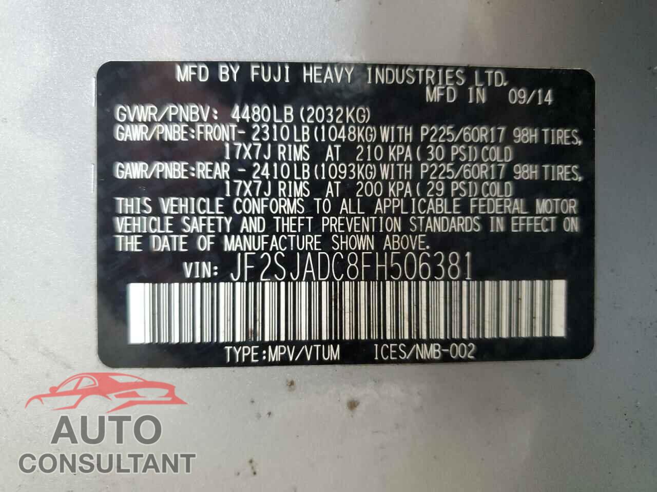 SUBARU FORESTER 2015 - JF2SJADC8FH506381