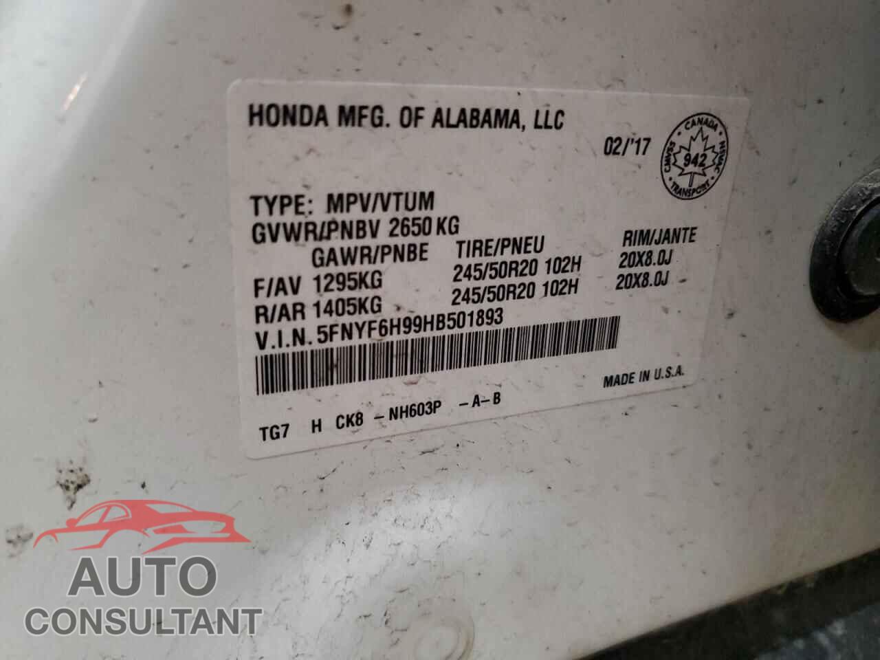 HONDA PILOT 2017 - 5FNYF6H99HB501893