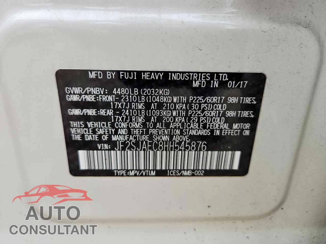 SUBARU FORESTER 2017 - JF2SJAEC8HH545876