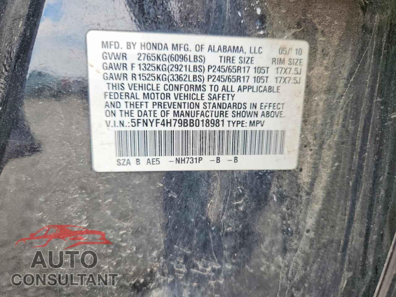 HONDA PILOT 2011 - 5FNYF4H79BB018981