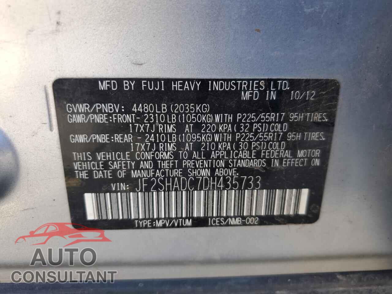 SUBARU FORESTER 2013 - JF2SHADC7DH435733