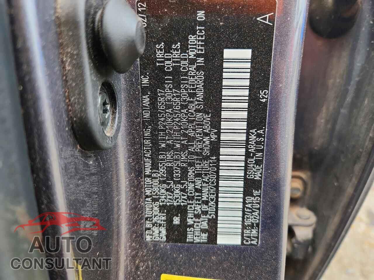 TOYOTA HIGHLANDER 2012 - 5TDZK3EH7CS070114