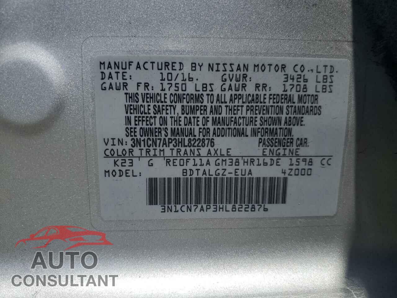 NISSAN VERSA 2017 - 3N1CN7AP3HL822876