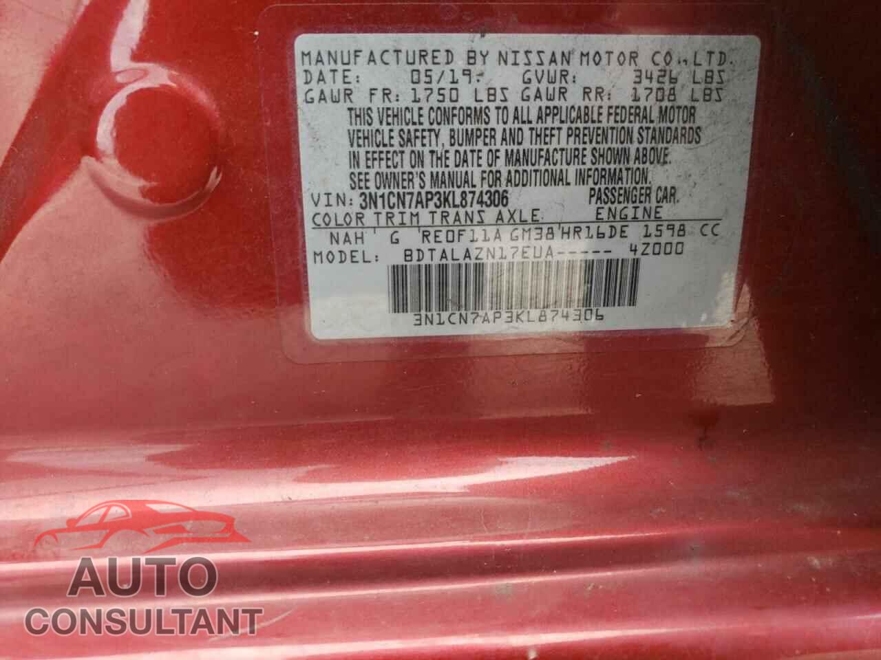 NISSAN VERSA 2019 - 3N1CN7AP3KL874306