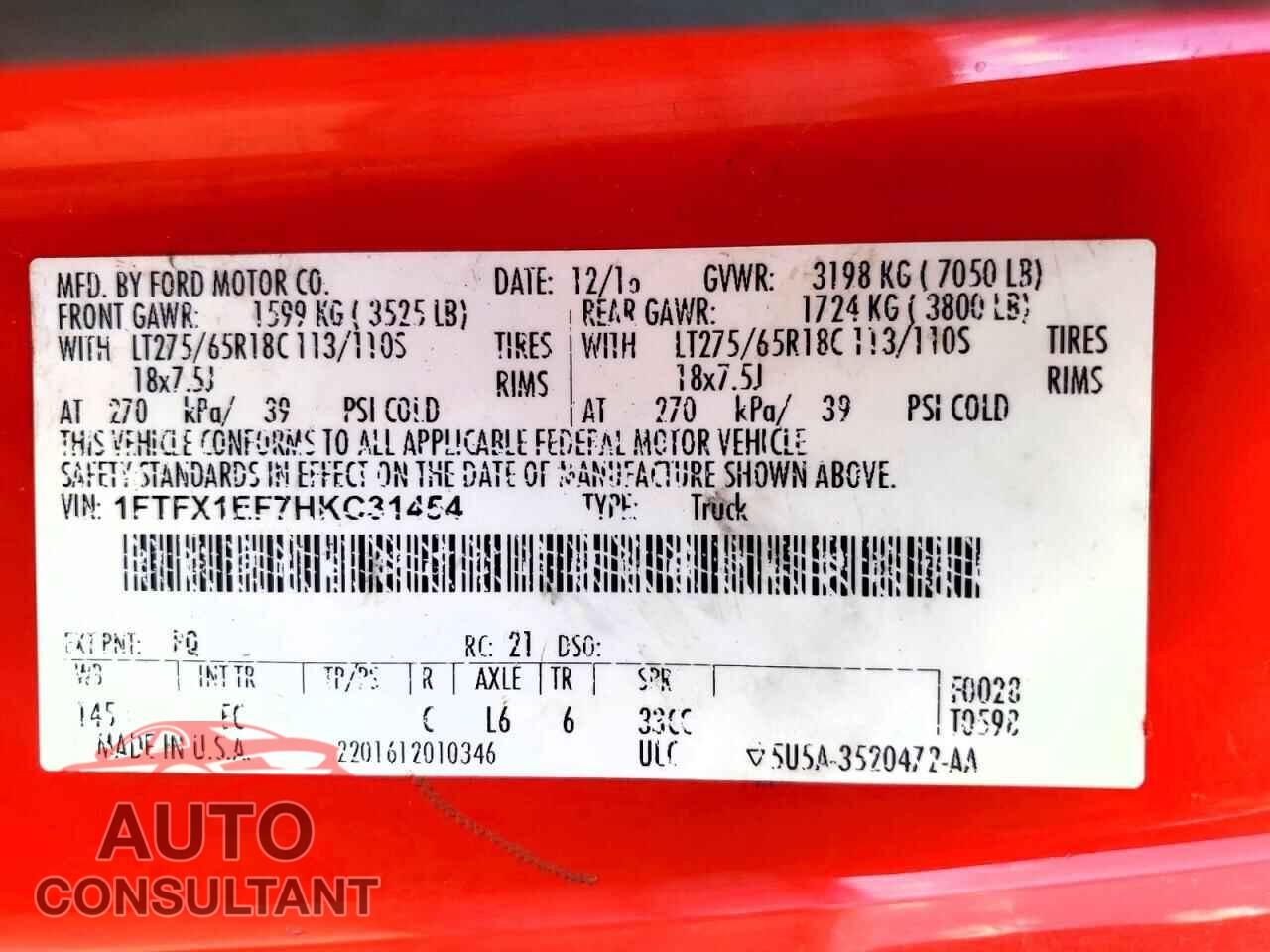 FORD F150 2017 - 1FTFX1EF7HKC31454