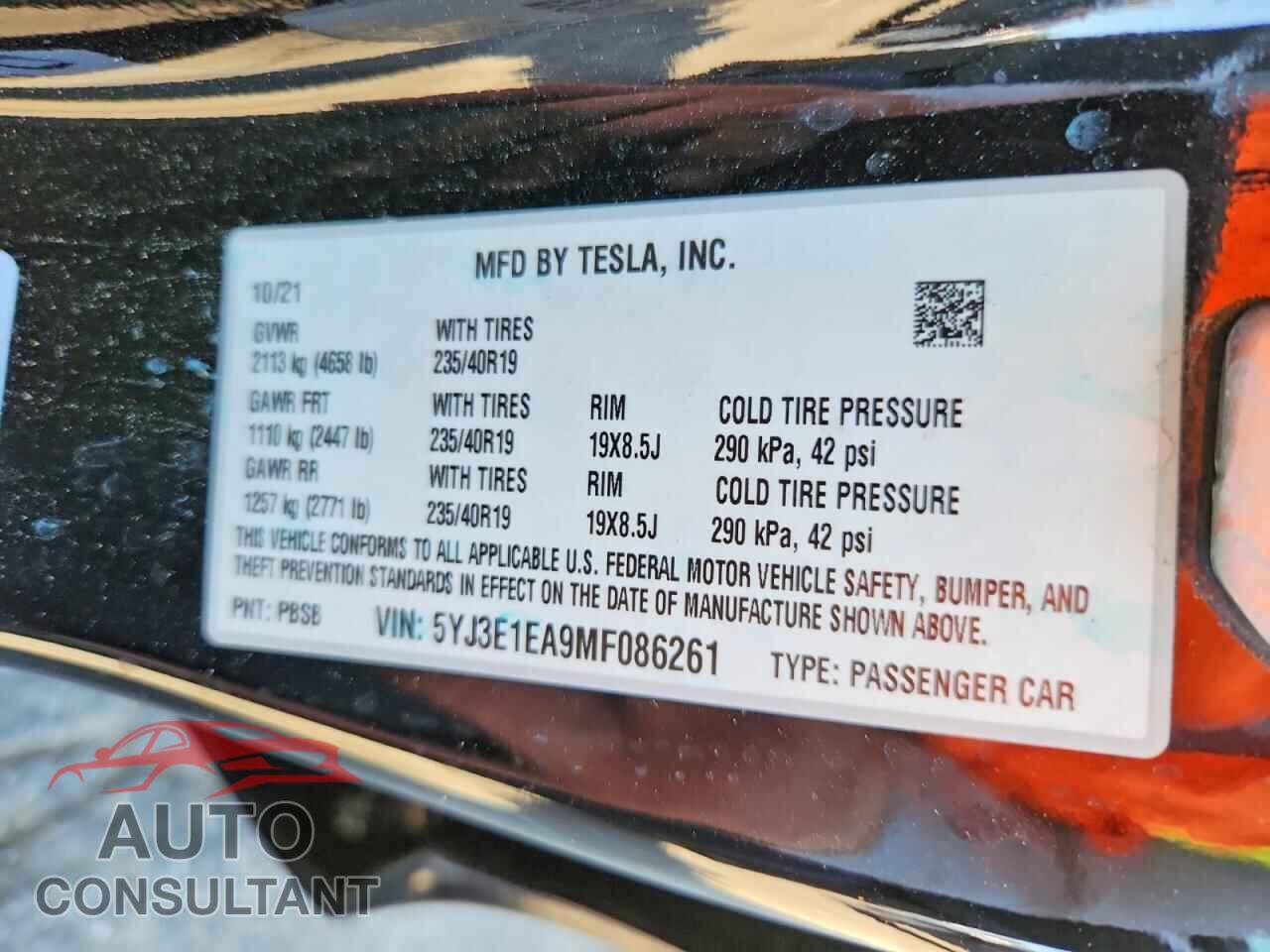 TESLA MODEL 3 2021 - 5YJ3E1EA9MF086261