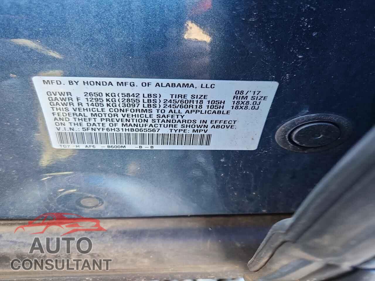 HONDA PILOT 2017 - 5FNYF6H31HB065567