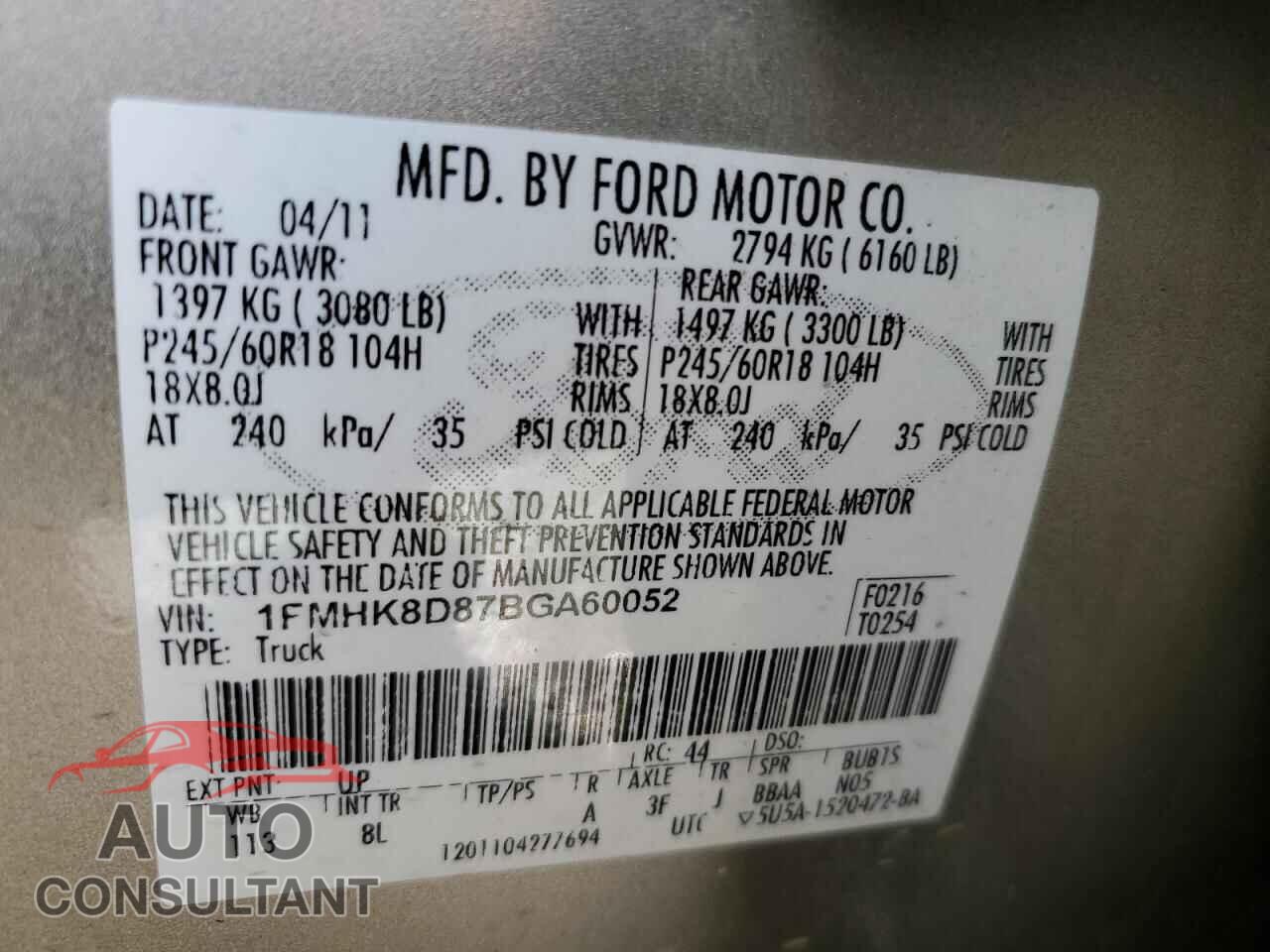 FORD EXPLORER 2011 - 1FMHK8D87BGA60052