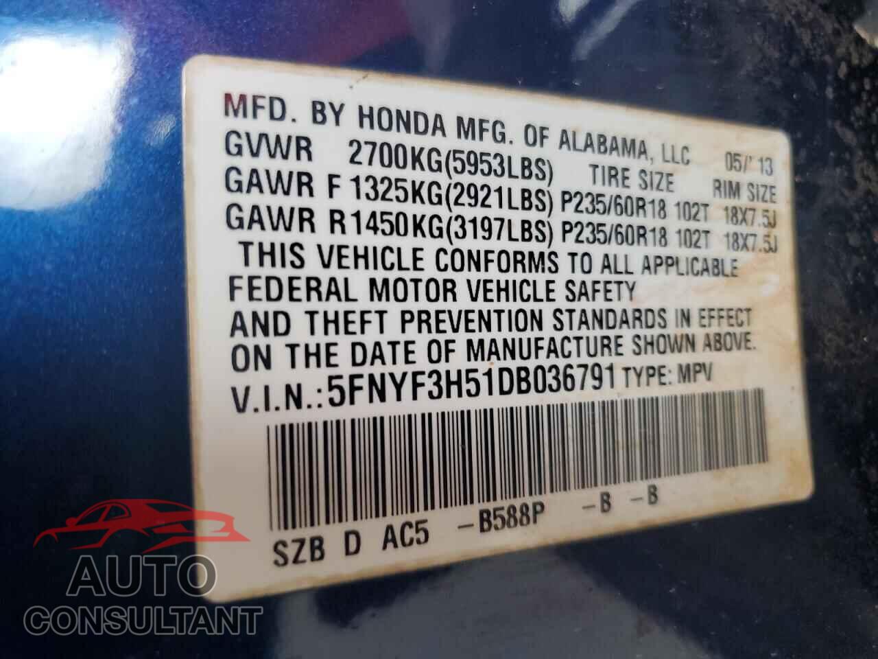 HONDA PILOT 2013 - 5FNYF3H51DB036791
