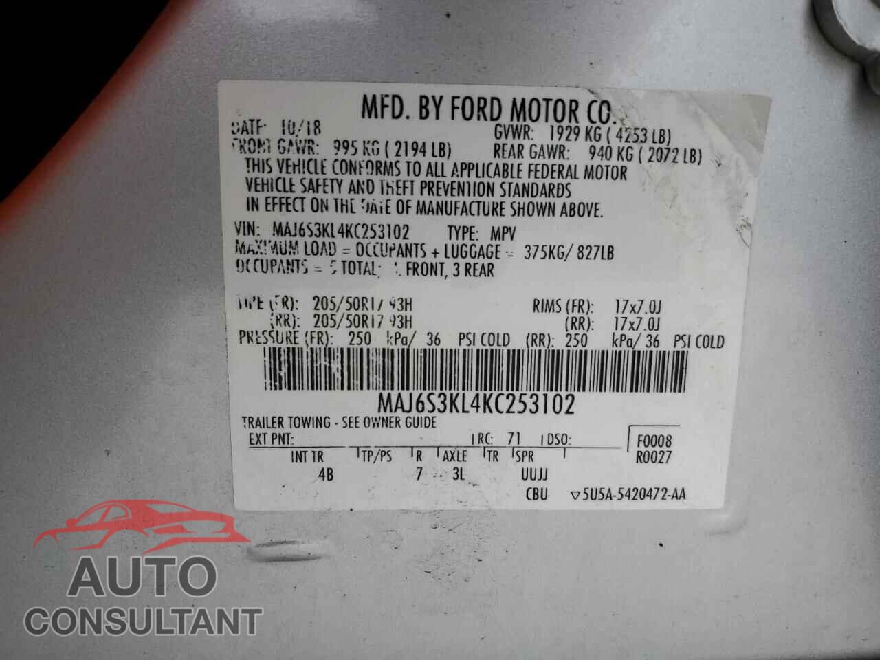 FORD ECOSPORT 2019 - MAJ6S3KL4KC253102