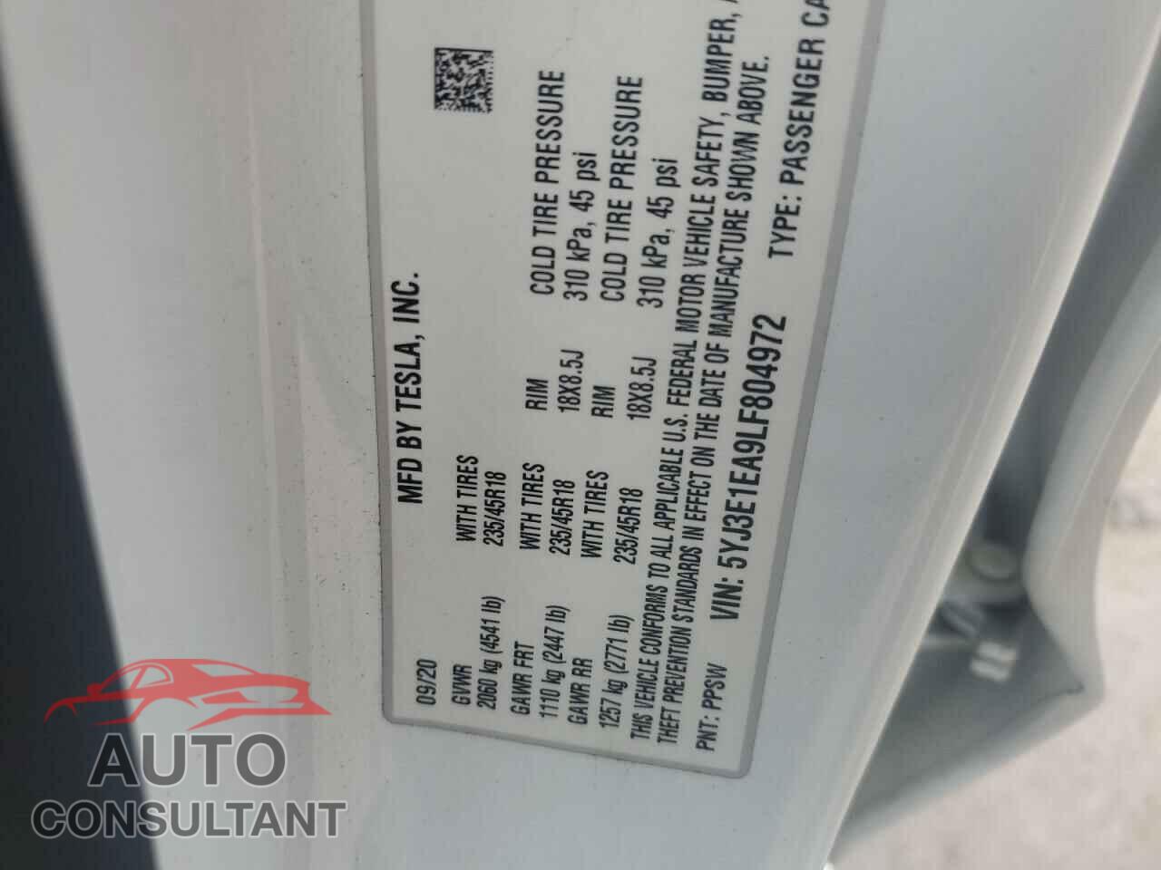 TESLA MODEL 3 2020 - 5YJ3E1EA9LF804972