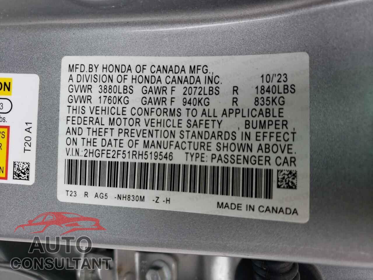 HONDA CIVIC 2024 - 2HGFE2F51RH519546