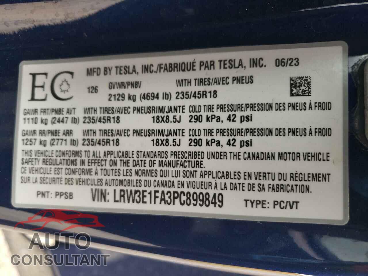 TESLA MODEL 3 2023 - LRW3E1FA3PC899849