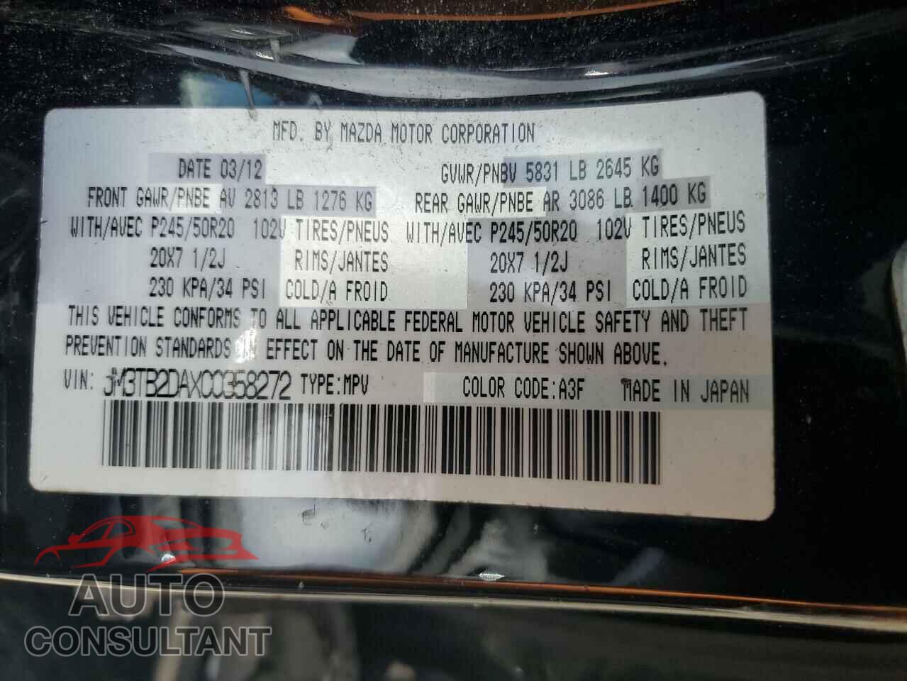 MAZDA CX-9 2012 - JM3TB2DAXC0358272