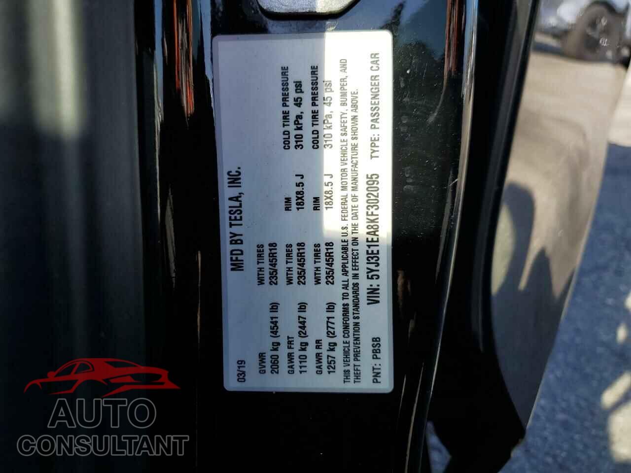 TESLA MODEL 3 2019 - 5YJ3E1EA8KF302095